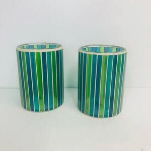vintage y2k‎ mosaic stripe candle votives tag aqua blue green 3.75”x2 7/8”